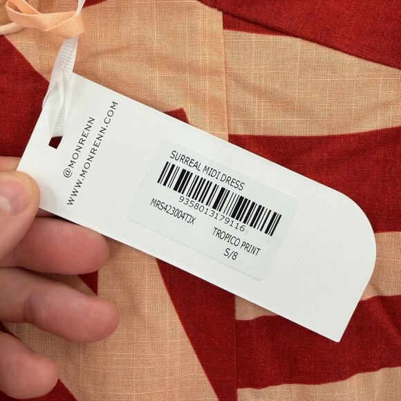 NWT MON RENN Surreal Tropico Print Cotton Midi Dress Red/Coral Size SMALL - Picture 7 of 12